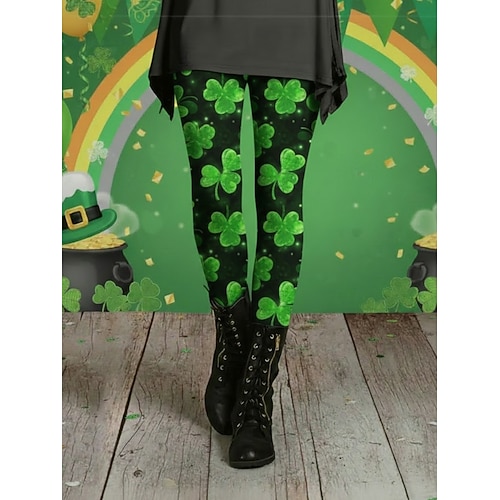 Damen Leggings Gemütliche Leggings Urlaub Lässig Volle Länge Hohe TaillePantsSt. Patrick Tag Grafik Kleeblatt Drucken Bequem Dehnbar Lässig Täglich Urlaub Dunkelgrün Schwarz Grün Frühling Herbst Image