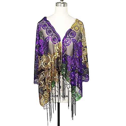 Damenschuhe Mardi Gras Pailletten-Spitzen-Cape Polyester-Material lila grünes Design mit Fransen perfekt für Karneval Maskenbälle Image