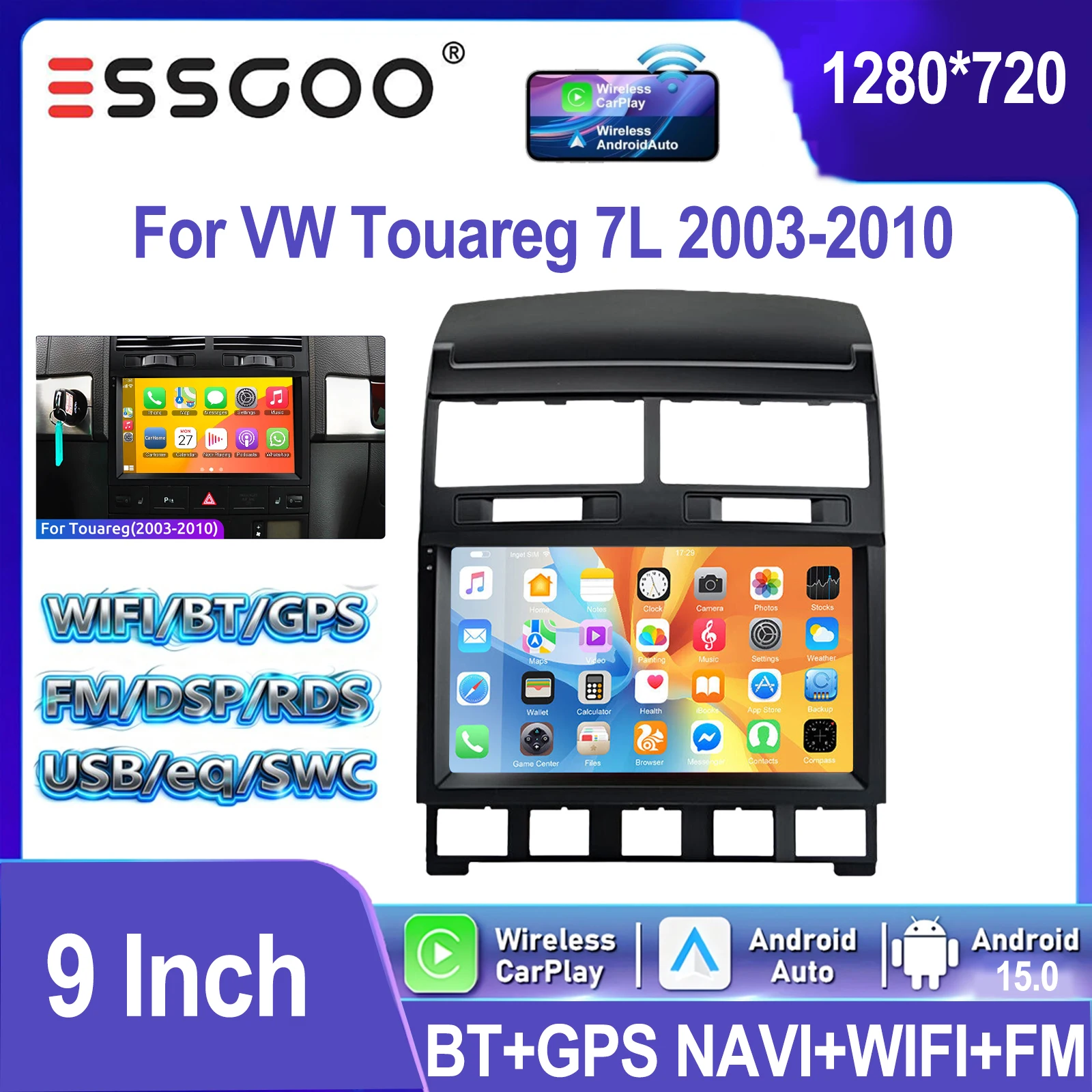 ESSGOO 9 Zoll IPS Touchscreen Für VW Touareg 7L 2003-2010 Android 15 Autoradio Wireless Apple Carplay Android Auto GPS Navigation WIFI Lenkradfernbedienung RDS FM Bluetooth USB Spiegel Link ASP Sound