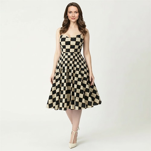 1950er Retro Vintage Midlänge Kleid Swing-Kleid Ausgestelltes Kleid Spaghettiträger Kariert / Gingham Tailliert und ausgestellt Kostüm Damen Karneval Valentinstag Lässig Heimkehr Retro-Mottoparty Image