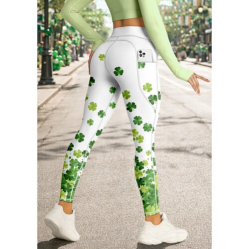 St. Patrick Damen Pilates-Leggings Fitnesshose Trainingsleggings Taschen Stempelsteuer Seitentaschen Pilates Fitnessstudio Fitnesstraining Hosen Strumpfhosen Leggings Blumenmuster Kleeblatt Grün Sport Image