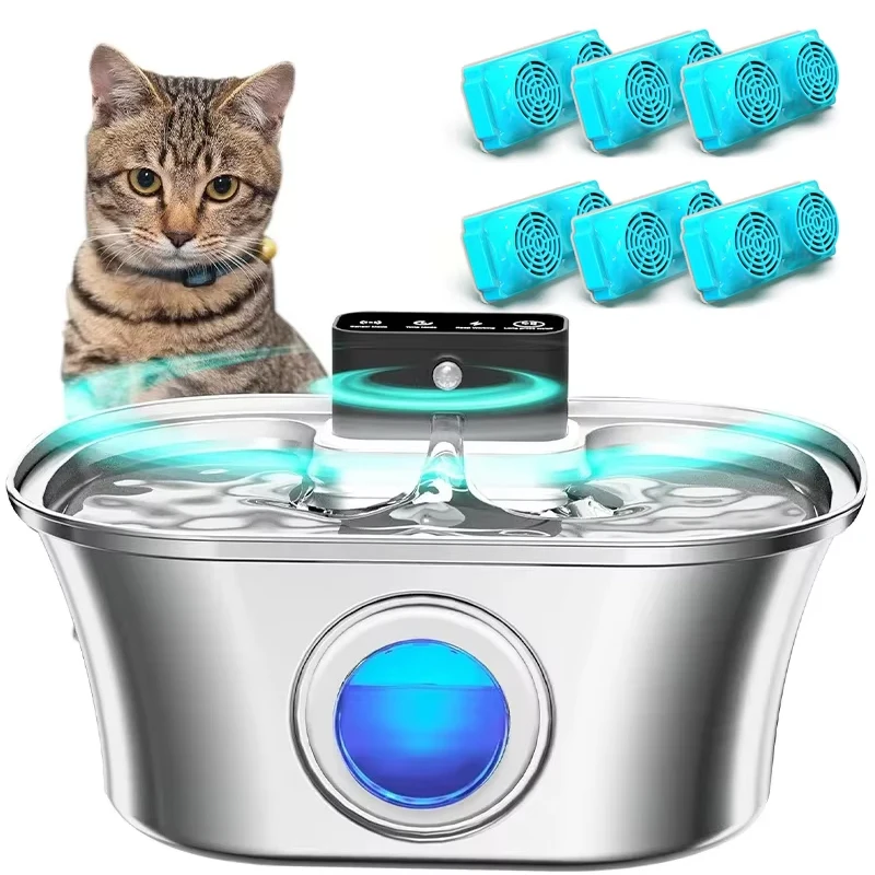 Voford 3,2 l Katzen-Wasserbrunnen, automatischer Haustier-Wasserspender aus Edelstahl mit 4200 mAh Akku, Bewegungsmelder, Multifiltration