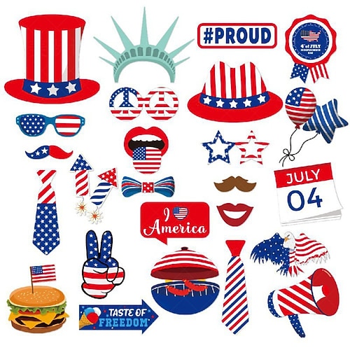 Dekorationen für eine Party zum 250. amerikanischen Unabhängigkeitstag: Papierfächer, Blumen, Spiralen, Hängeornamente, Fahnen, Luftballons, Konfetti-Set, Foto-Requisiten. Image