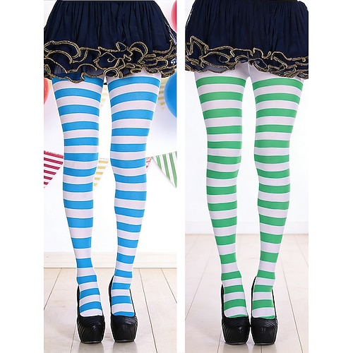 Damen-Strumpfhosen-Set für Karnevalspartys, gestreift (2 Paar), dehnbar, knielang, blau Grüne Socken mit horizontalen Streifen, lustige Kostümsocken für Erwachsene, geeignet für Festivals, Karneval Image