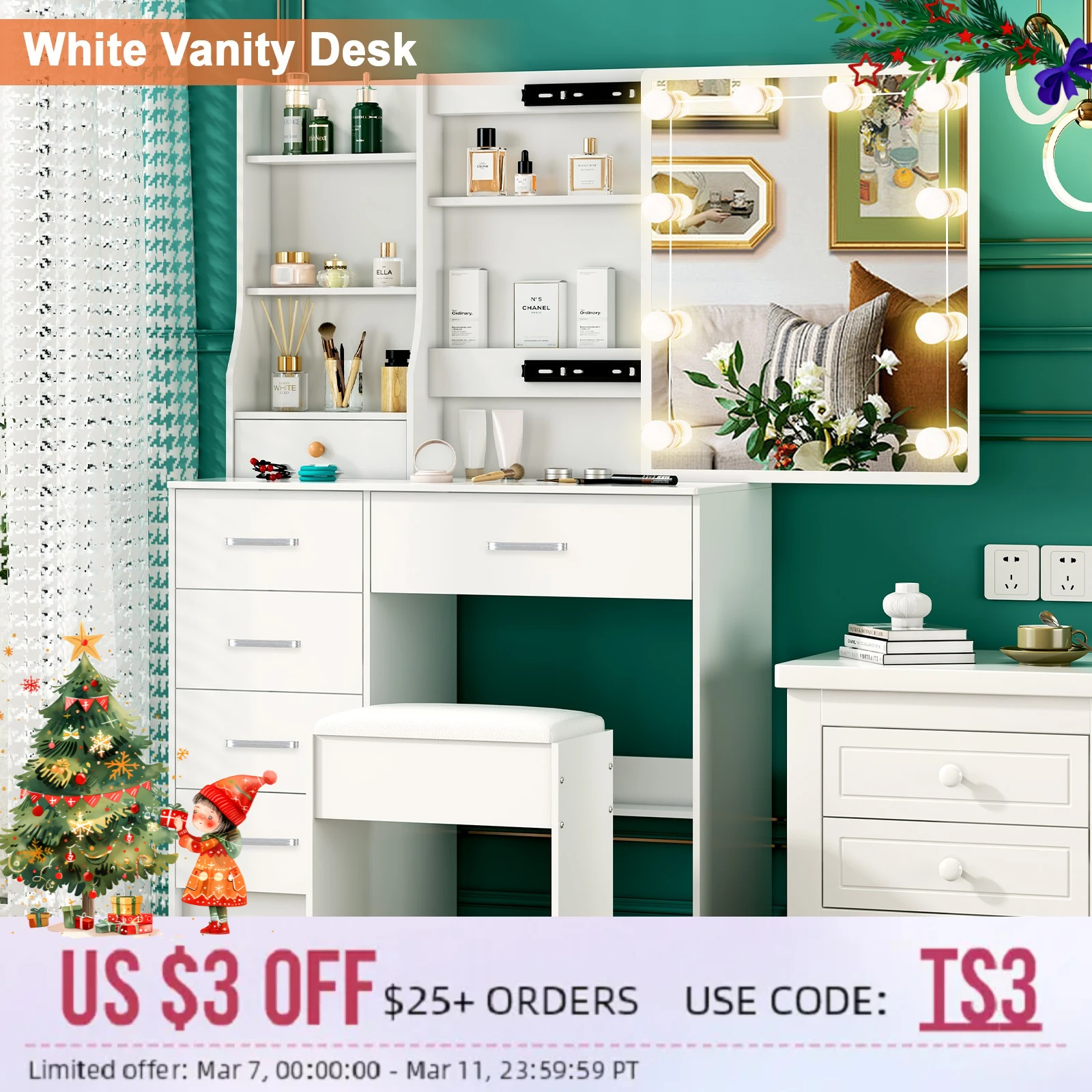 Schminktisch Frisiertisch mit Spiegel und Hocker Beleuchtung Schublade 10 LED