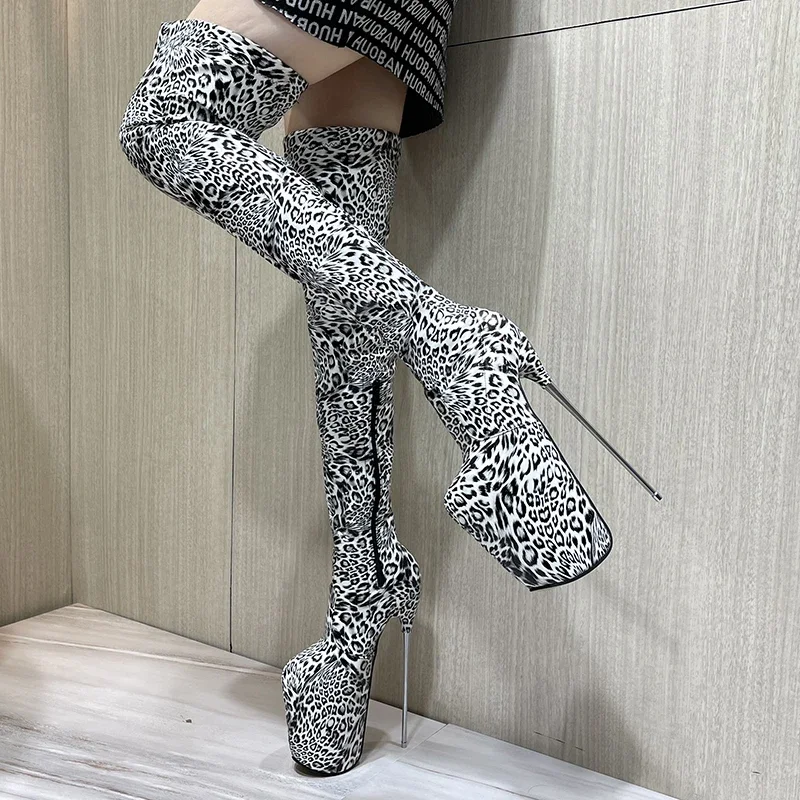 Marke Pole Dance 20 cm Dünne Fersen Stiletto Über Das Knie Lange Stiefel Plattform Frauen PUNK Pumpen 22 cm Damen Leopard print Schuhe