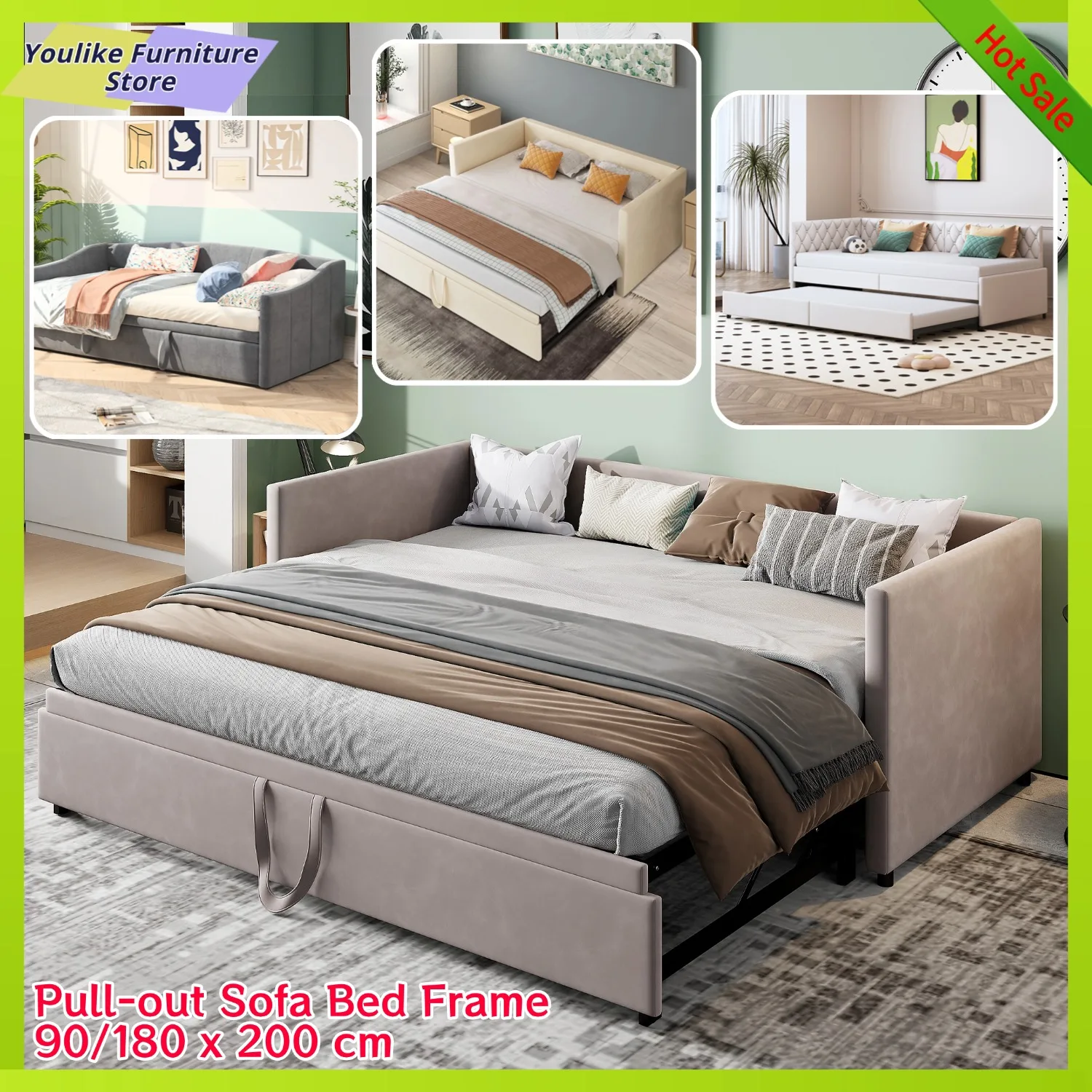 Comanlai Ausziehbares Schlafsofa, Rahmen 90/180 x 200 cm, samtgepolstertes Bett mit Lattenrost, platzsparendes Schlafsofa