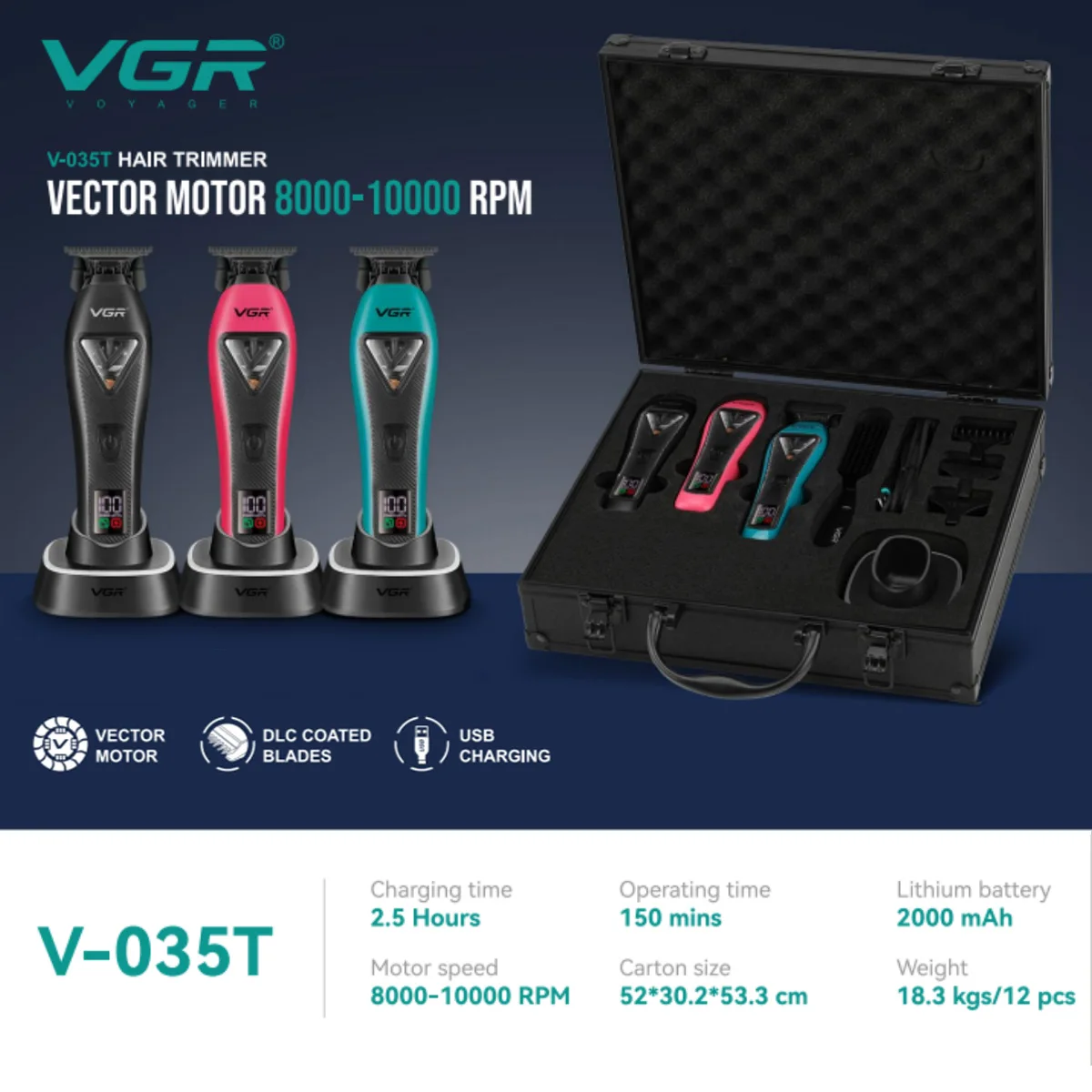VGR Haarschneider Professionell 10.000 U/min Vektormotor Haarschneidemaschine Kabellos Haarschneider Ladestation Trimmer für Herren V-035T Image