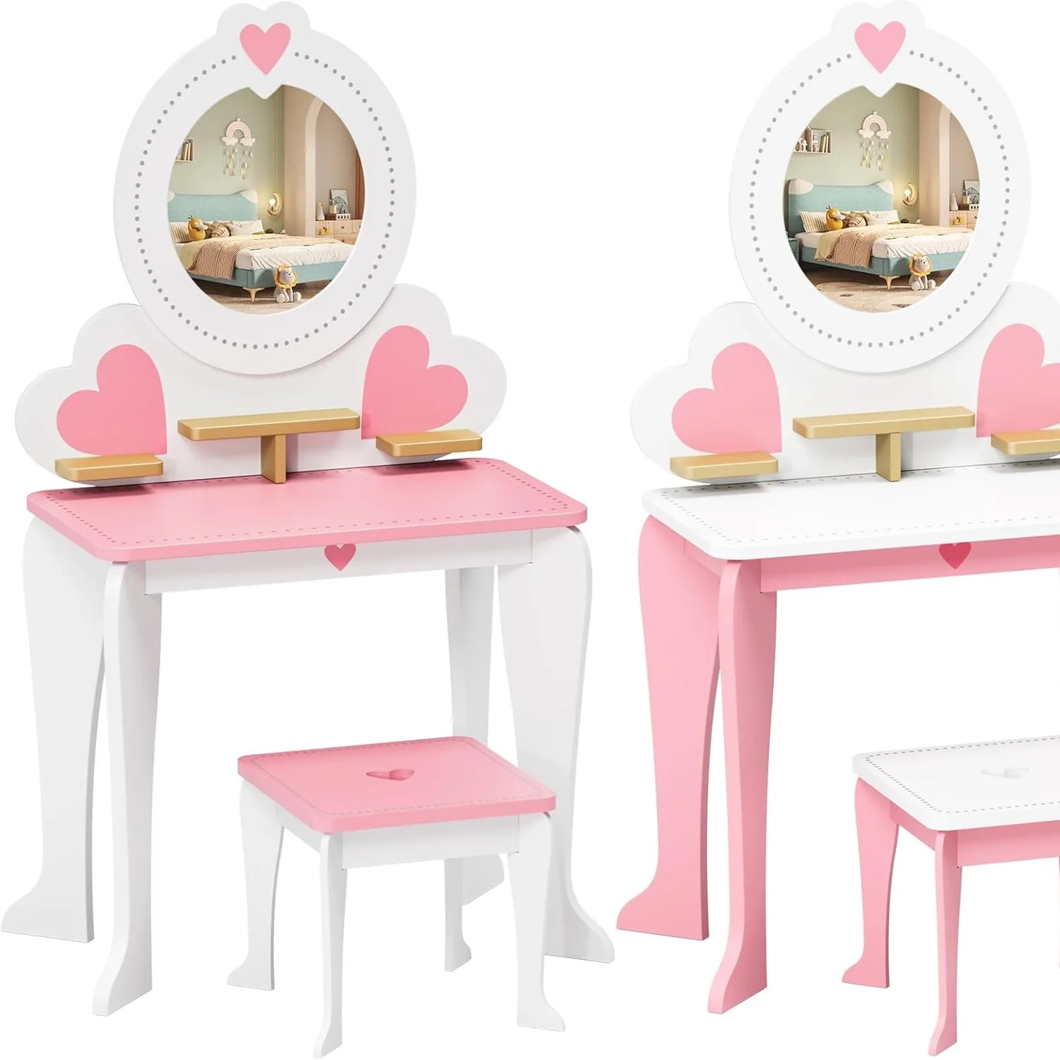 Schminktisch für Kinder mit abnehmbarem Spiegel, Schminktisch aus Holz mit Hocker, 2-in-1-Prinzessin-Schminktisch, Schreibtisch für Mädchen