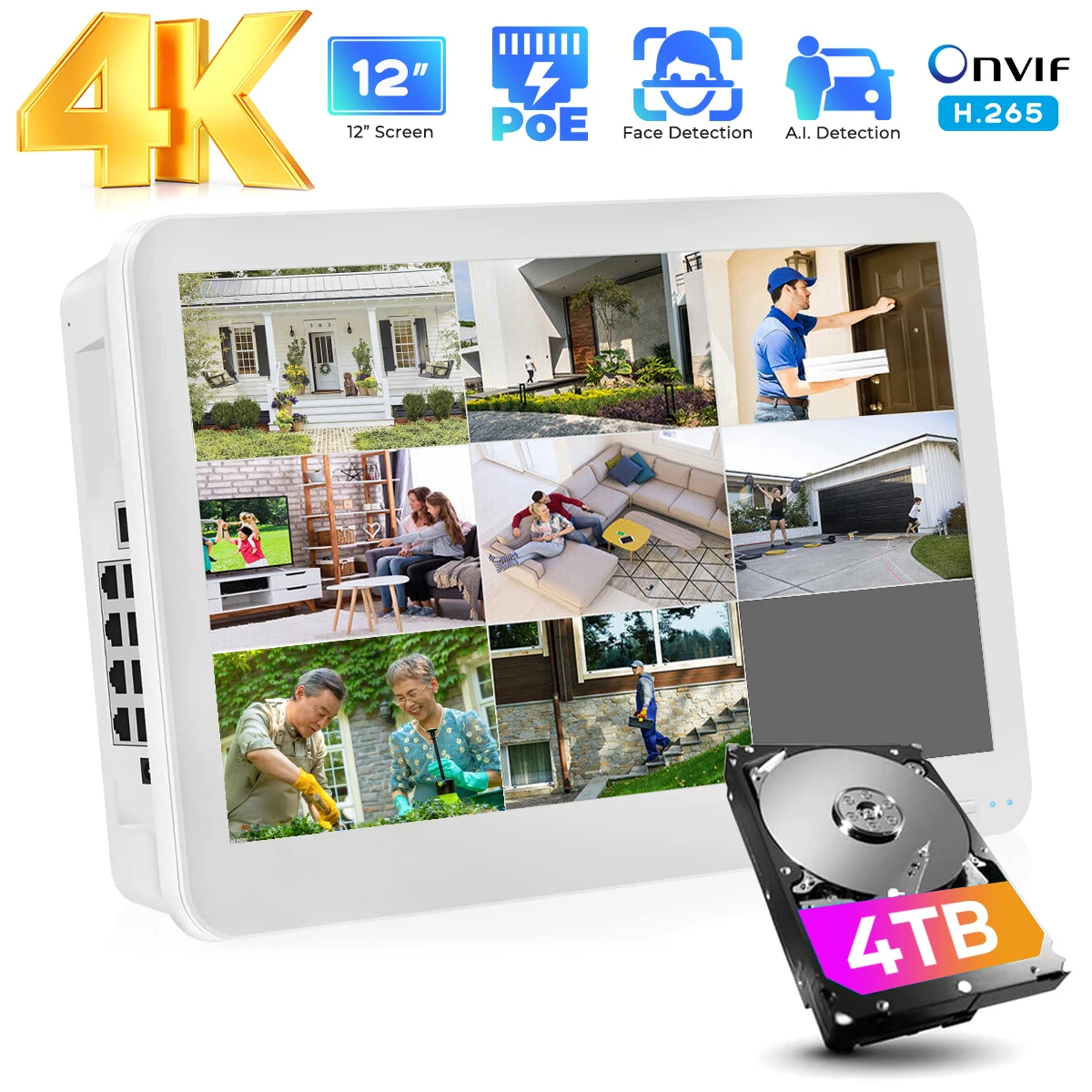 8CH 4K POE NVR mit 12" LCD-Monitor H.265 Onvif CCTV PoE Netzwerk-Videorecorder Power Over Ethernet 8MP NVR CCTV-Überwachungssicherheitssystem Gesichtserkennung Xmeye Pro Image