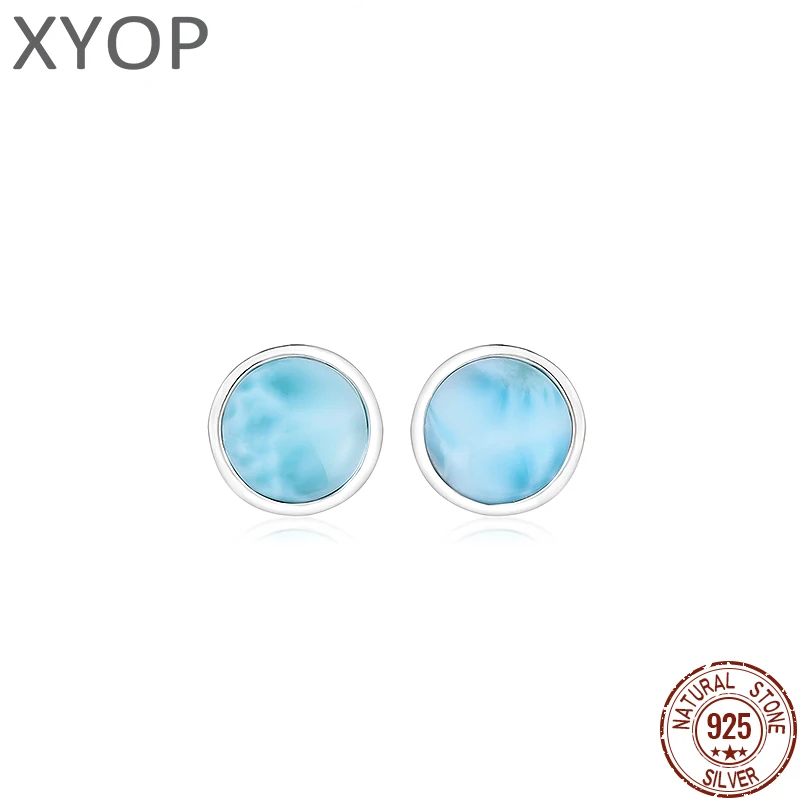 2021 einfache Art Und Weise Geometrische Runde Charme 925 Sterling Silber Schmuck Geschenk Klassische Natürliche Edel Larimar Ohrringe für Frauen