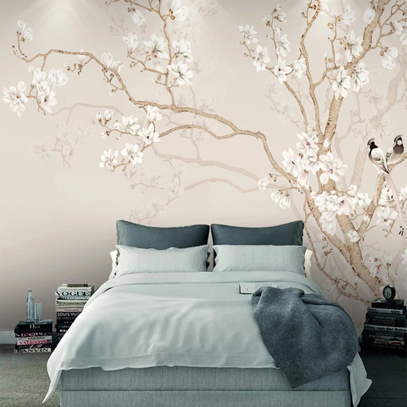Benutzerdefinierte Wandbild Tapete Modernen Chinesischen Stil Handgemalte Magnolie Blume Vogel Foto Tapete Schlafzimmer Papel De Parede Wohnkultur