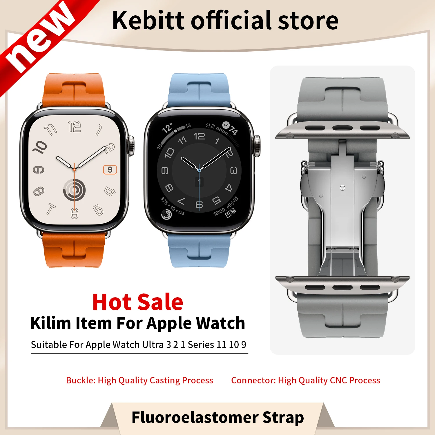 2026 Kilim Armband für Apple Watch Series 12 11 10 Ultra 4 3 2 SE 3 mit Faltschließe, Iwatch 46 42 41 45mm 49MM Fluoroelastomer-Band