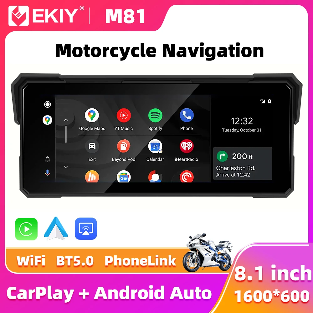 EKIY 8,1 Zoll Wireless CarPlay Moto Android Auto Tragbare Digitale Motorrad Armaturenbrett GPS Navigation Display Bildschirm Spiegel Link Image