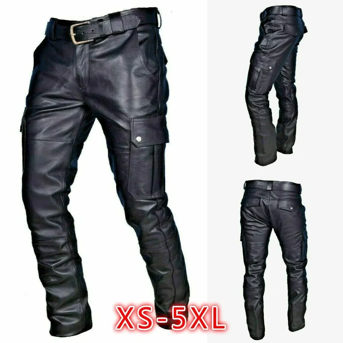 Männer PU Hosen Schwarz Faux Leder Zipper Bandage Tasche Casual Hosen Große Größe Mittlere Taille Gerade Straße Männliche Kleidung
