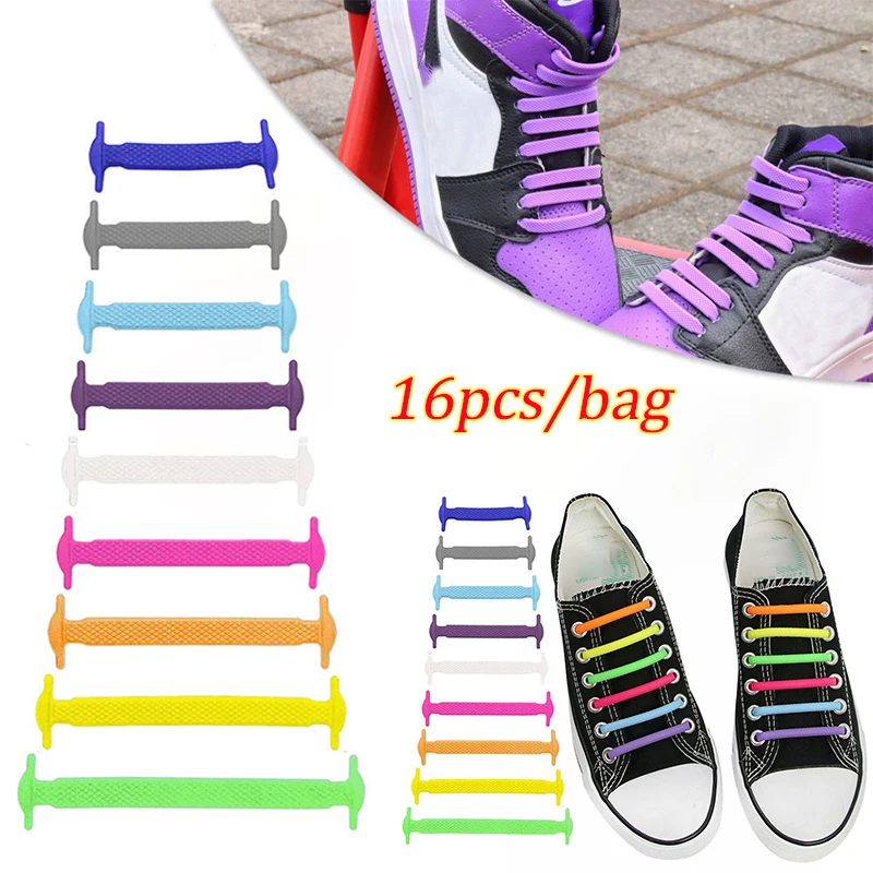 16 Stück/Set Schnürsenkel ohne Binden, spezielle elastische Silikon-Schnürsenkel für Kinder und Erwachsene, schnelle Schuhverschlüsse, kreative, elastische Schnürsenkel Image