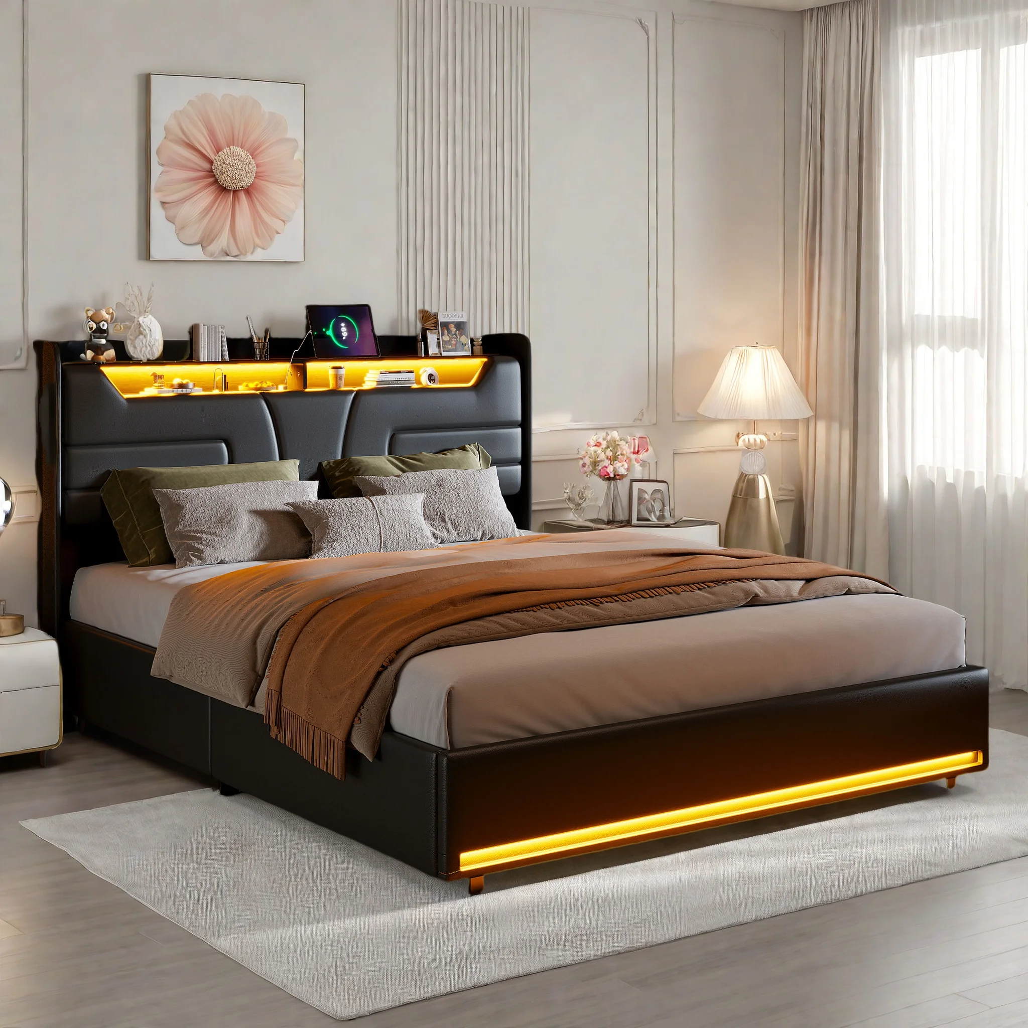 Rosahqnda gepolstertes LED-Doppelbett, 140x200 cm, 160x200 cm, mit Stauraum, mit Lattenrost, ohne Matratze