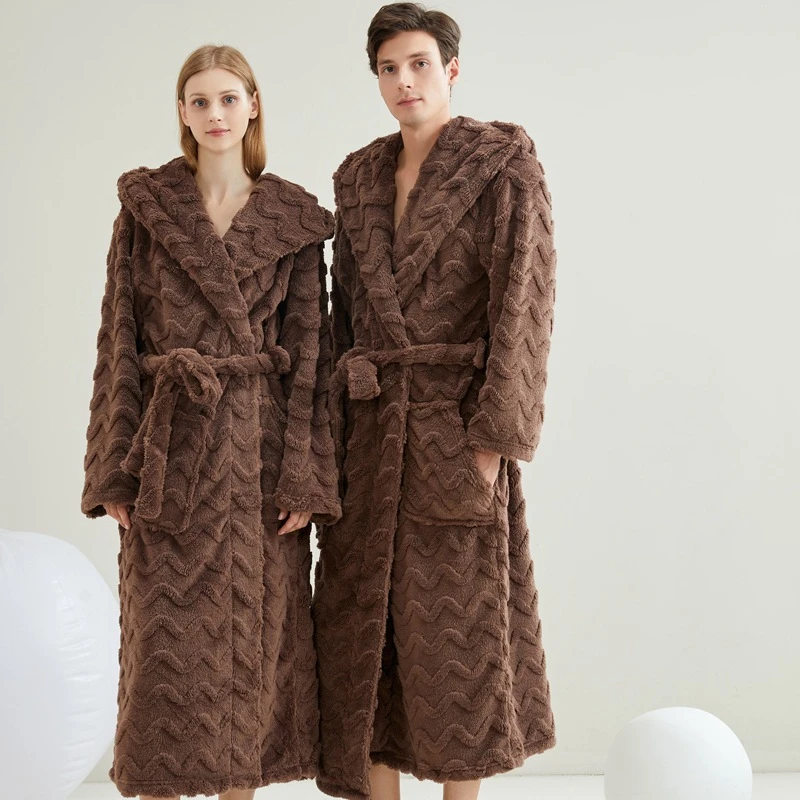 Herbst Winter Neue Paare Nachtwäsche Mit Kapuze Robe Hause Tragen Verdicken Warme Korallen Fleece Kimono Loungewear Lose Bademantel Pyjamas Image