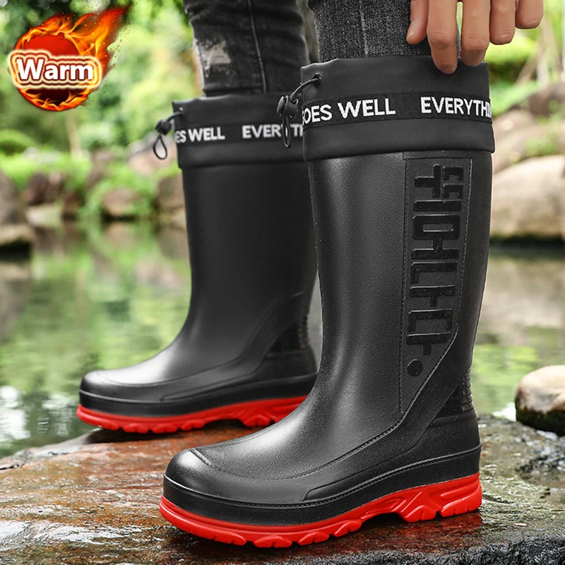 Verdickte Anti-slip Männer Regen Stiefel Hohe Wasserdichte Nicht-Slip Arbeit Angeln Schuhe Warme Männer Wasser Schuhe Gummi schuhe Große Größe 39-45