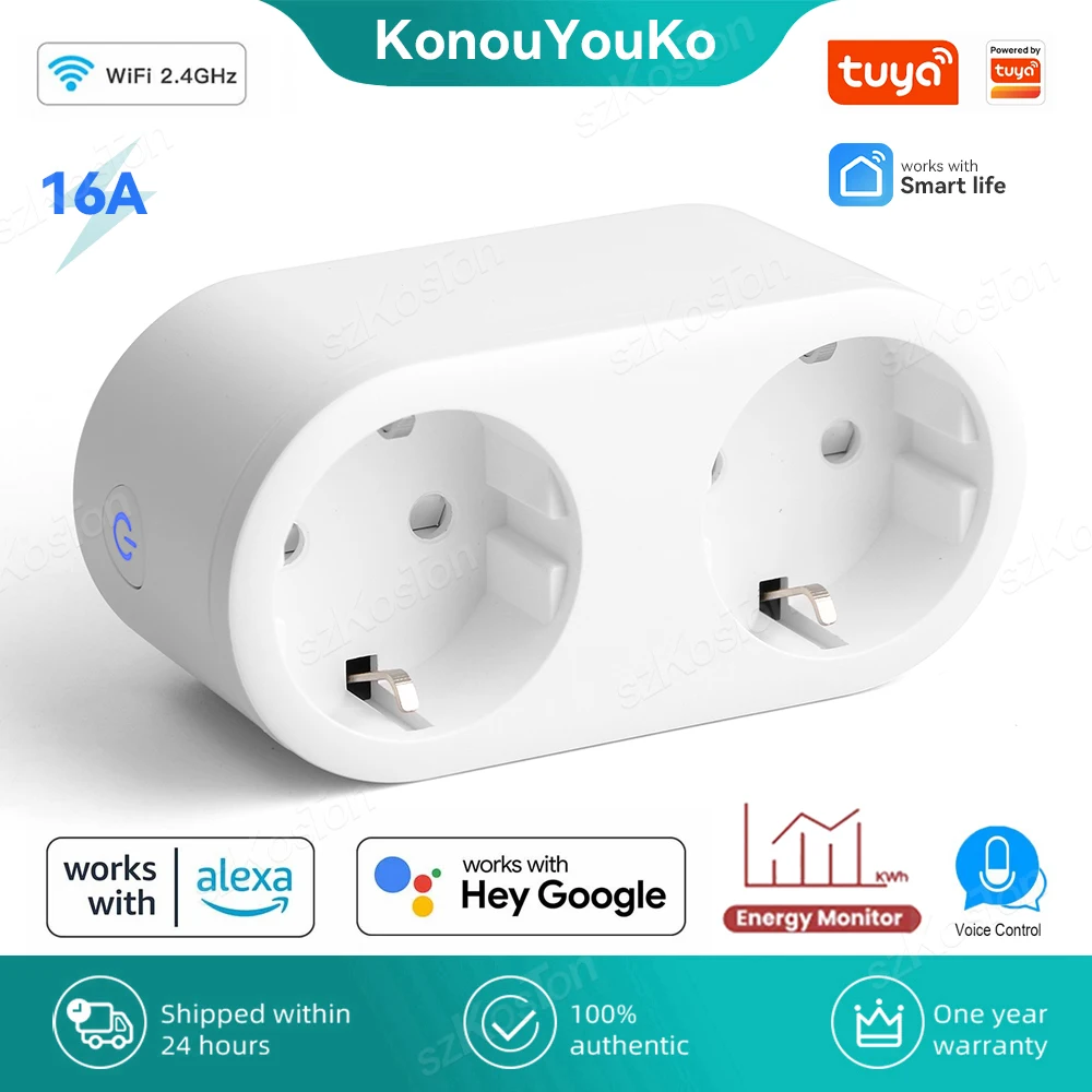 EU-Buchse WiFi Smart Plug Dual-Steckdosen 16a Power Monitor Timing Smart Life App Fernbedienung funktioniert mit Alexa Google Home Image