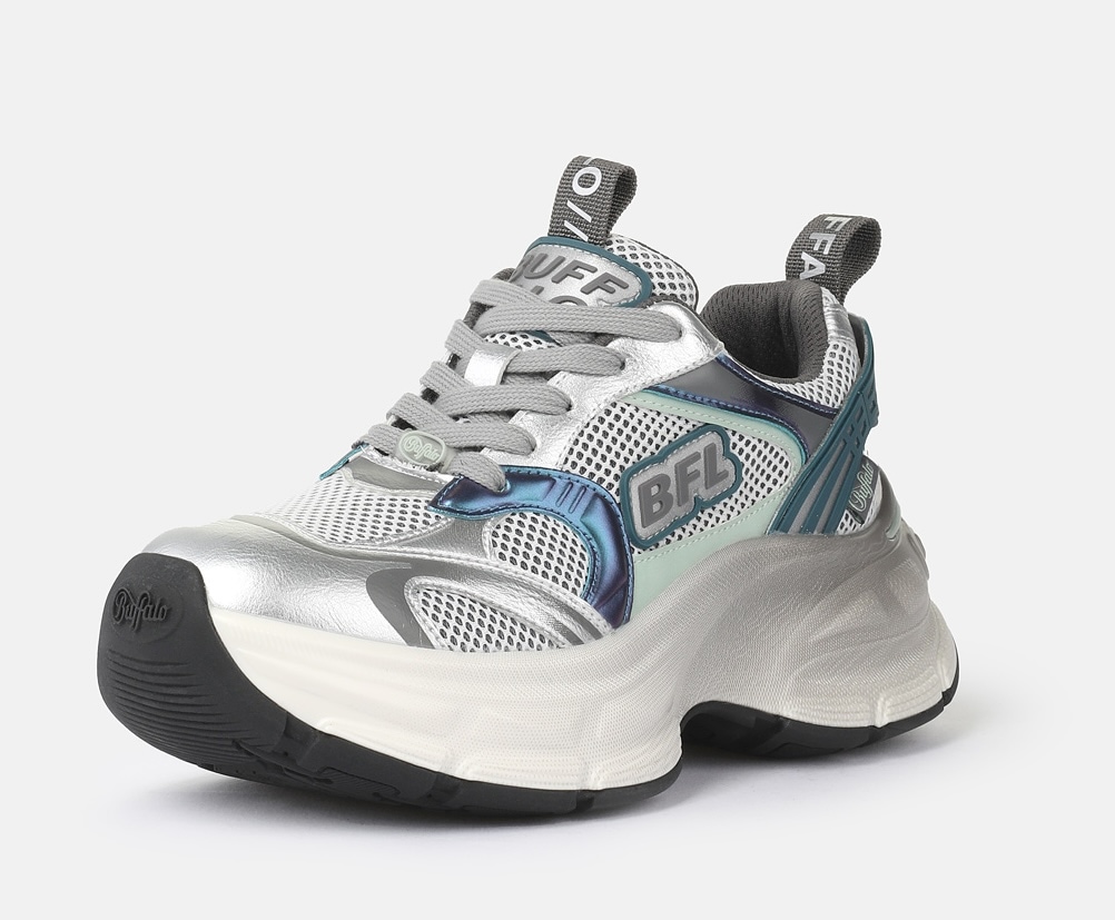 Plateausneaker BUFFALO "RIDR ONE", Damen, Gr. 37, grau, silberfarben, grün, Lederimitat, Textil, kontrastfarbene Details, Schuhe Plateausneaker, Halbschuh, Schnürschuh, Chunky-Sneaker mit trendy Plateausohle