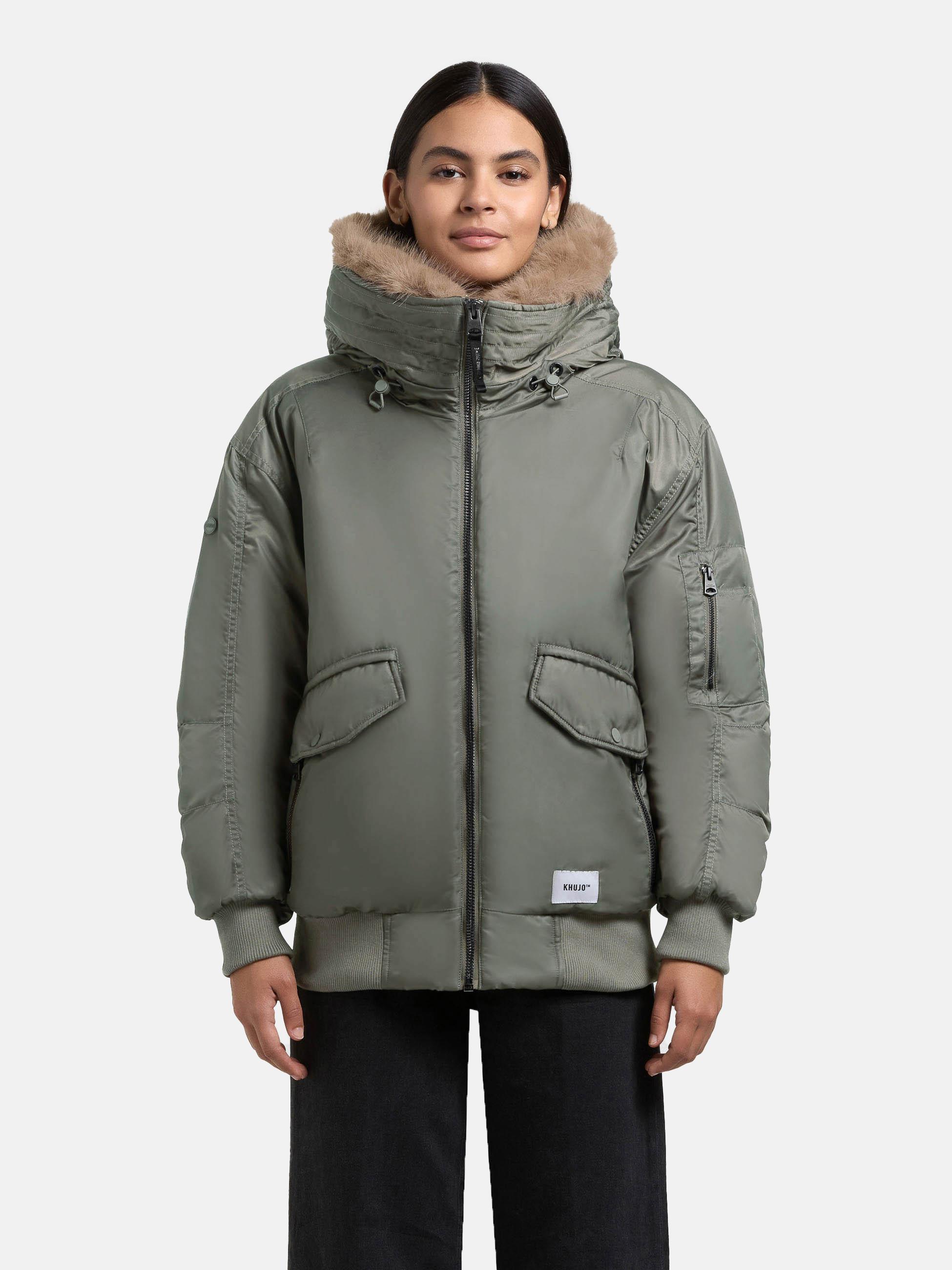 Bomberjacke KHUJO "Cela", Damen, Gr. L (40), grün, Obermaterial: 100% Nylon; Innenfutter: 100% Polyester; Kunstfell: 100% Polyester; Wattierung: 100% Polyester, oversize hüftbedeckend, hoch geschlossener Ausschnitt, Rippstrickbündchen, Jacken...