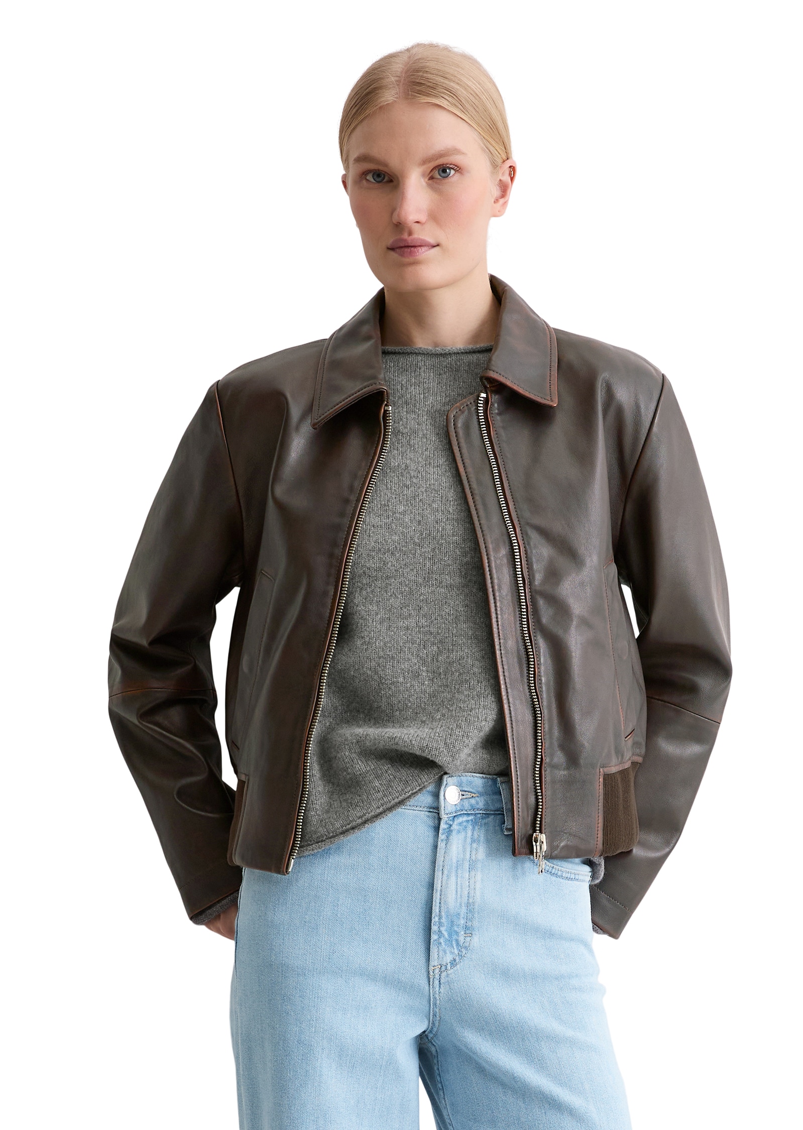 Lederjacke MARC O'POLO "regular fit aus softem Lammleder in Vintage-Optik", Damen, Gr. 36, schwarz chocolate, Obermaterial: 100% Lammleder, regular fit normal, Jacken, im Blousonstil