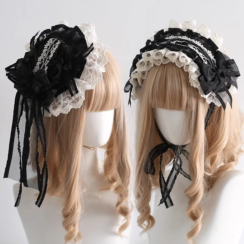 Original Maid Stirnband Schwarz und Weiß Eleganter klassischer Stil KC Haarschmuck DOLL Gothic Loita Stirnband Hut Image