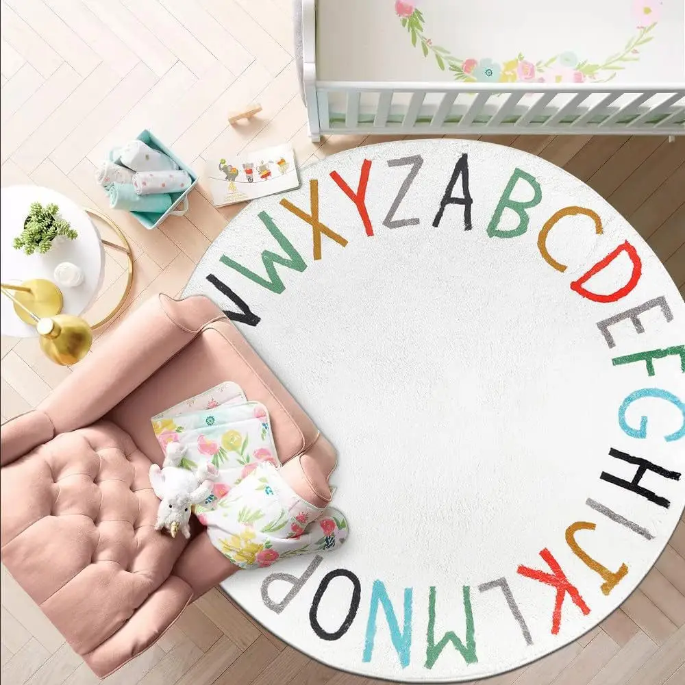 Runde kinder Teppich Nachahmung Wolle Weiche Schlafzimmer Teppich Runde Buchstaben Nicht-slip Teppich Wohnzimmer Boden Matte Hause dekoration Image