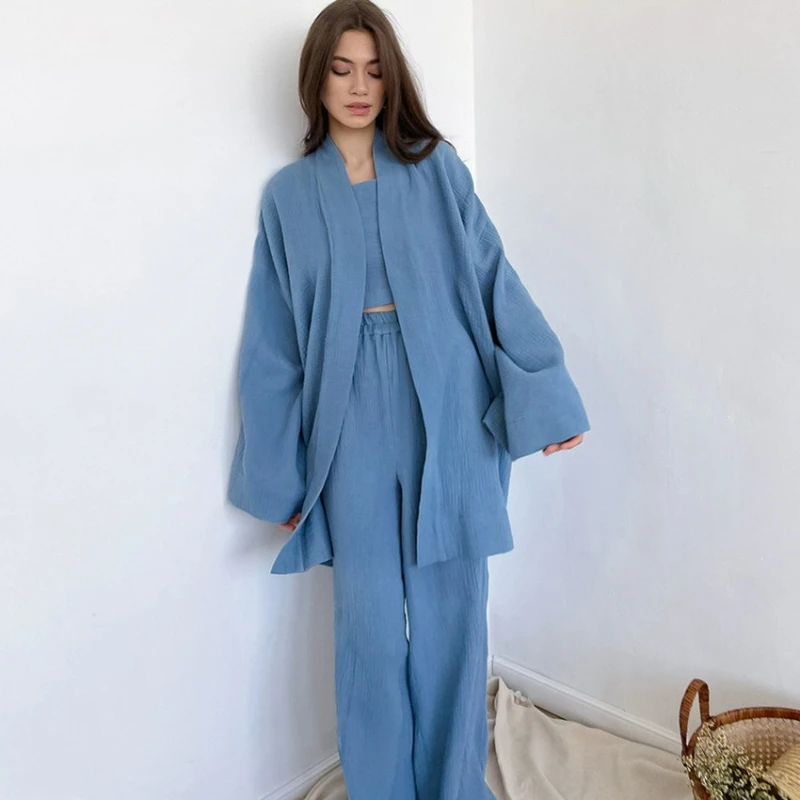 Frauen Zwei Stück Pyjamas Set Robe V-ausschnitt Langarm Casual Solide Lose Elastische Taille Hosen Lounge Anzug Nachtwäsche Herbst 2025 Image
