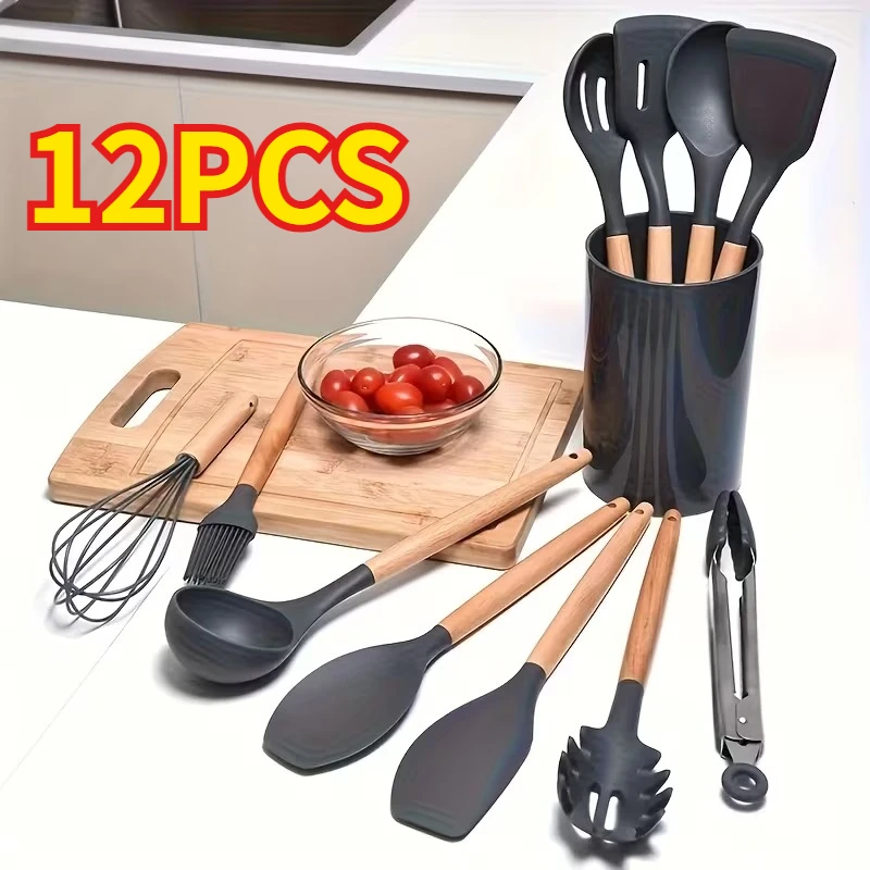 12 pièces/5 pièces ensemble d'ustensiles en Silicone ustensiles de cuisine antiadhésifs spatule pelle manche en bois ustensiles de cuisine cuisine à domicile outils de cuisine