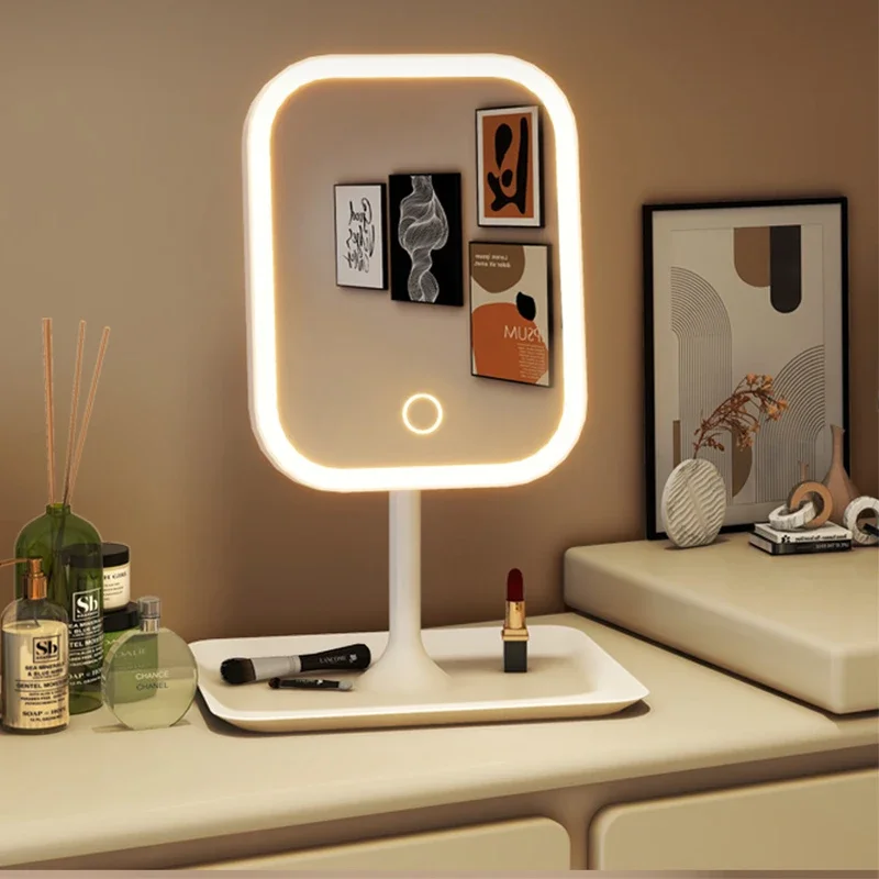 Niche Moderner Desktop-Kosmetikspiegel, 3-farbiges Licht, LED-Schminkspiegel, berührender Spiegel, Damen-Schlafzimmer-Schminkspiegel Image