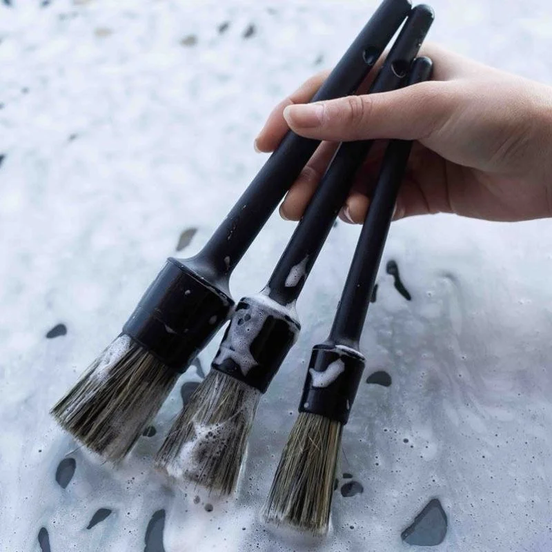 3Pcs Natürliche Wildschwein Haar Auto Detaillierung Pinsel Set Weichen Borsten Auto Reinigung Pinsel Kits Auto Reifen rad Waschen Außen zubehör Image