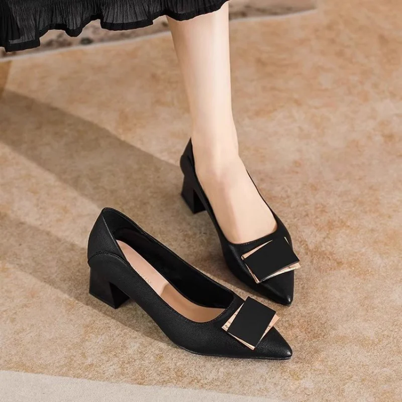 Damen-Schuhe mit spitzem Zehenbereich und niedrigem Absatz für Frühling/Herbst – Pendlerschuhe mit Metallschnalle und klobigem Absatz, vielseitige, elegante Damenschuhe