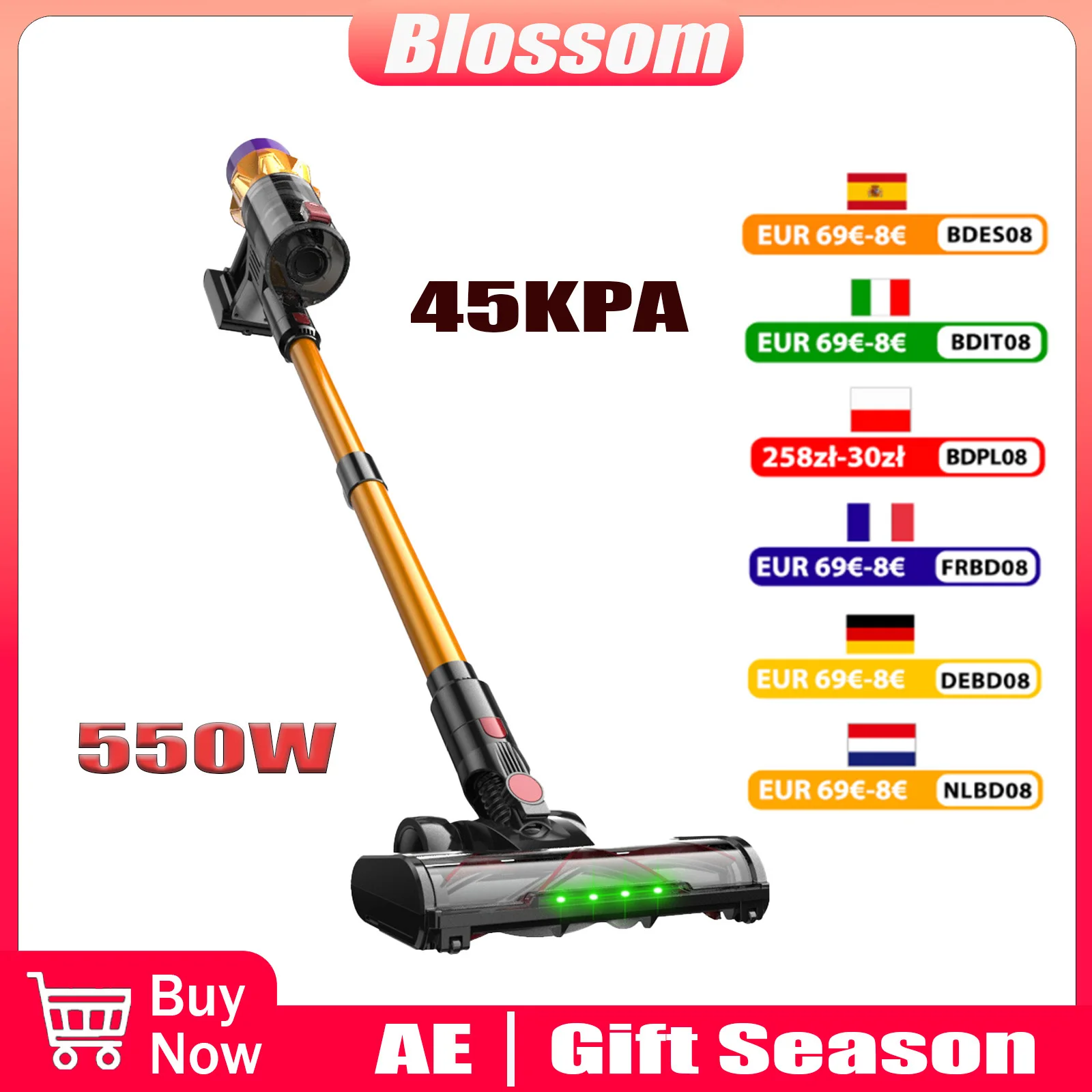 Blossom V18 Akku-Staubsauger – 45.000 Pa Saugleistung, 45 Minuten Laufzeit, leichter Stabsauger für Zuhause, Teppiche und Hartböden Image