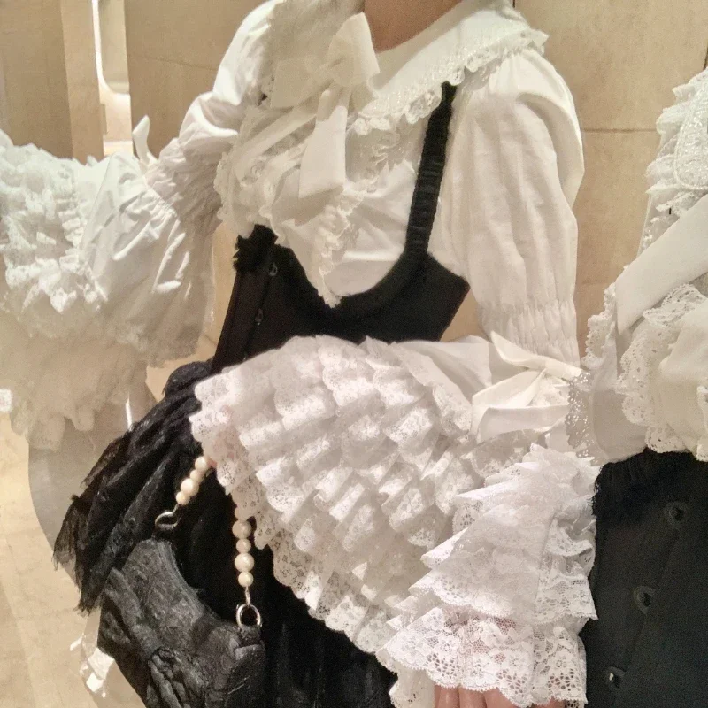 Vintage Lolita Stil Shirts Frauen Gothic Y2k Schleife Spitze Rüschen Flare Langarm Bluse japanische süße elegante süße Tops Image