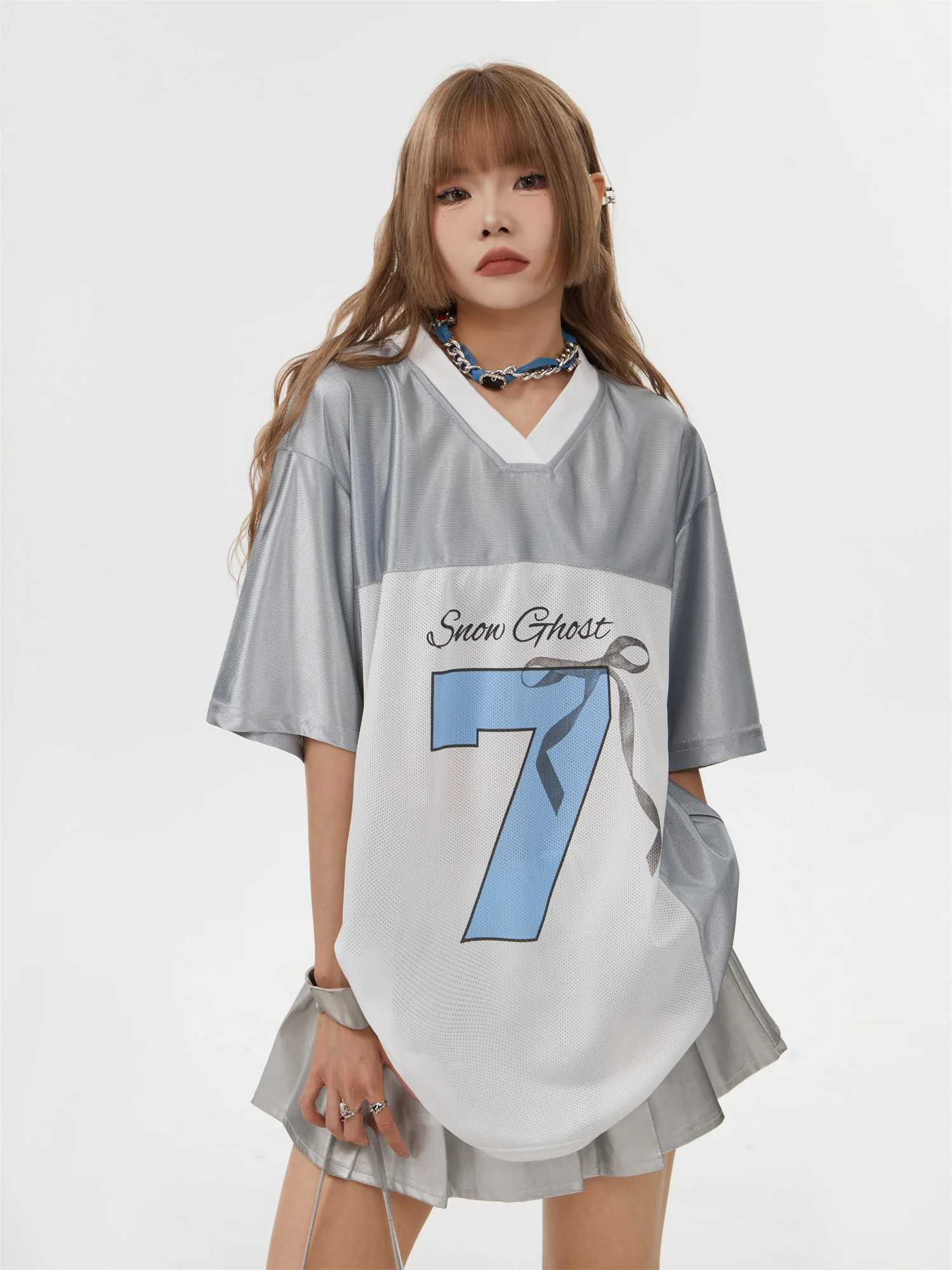 Neue Mode Rosa V-ausschnitt Frauen Kurzarm T-Shirt Amerikanischen Bogen Nr. 7 Sport Hemd Street Fashion Hip Hop Vielseitiges Hemd Y2K