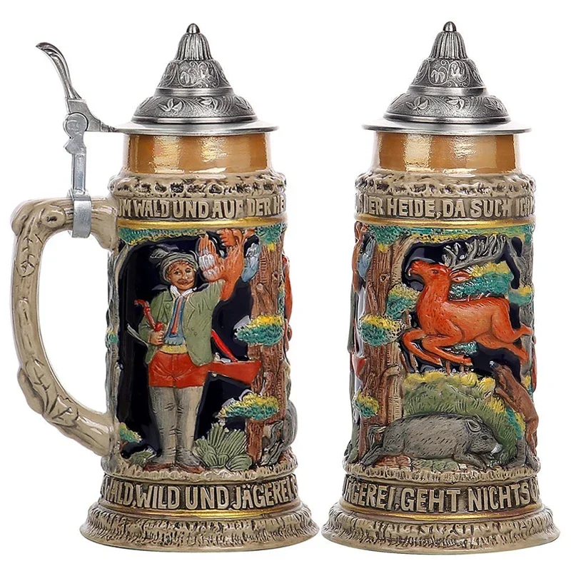 600ml Deutsch Bier Becher mit Deckel Deutschland Gravierte Jagd Leben Krug Bierkrug für Männer Papa der Geschenke Image