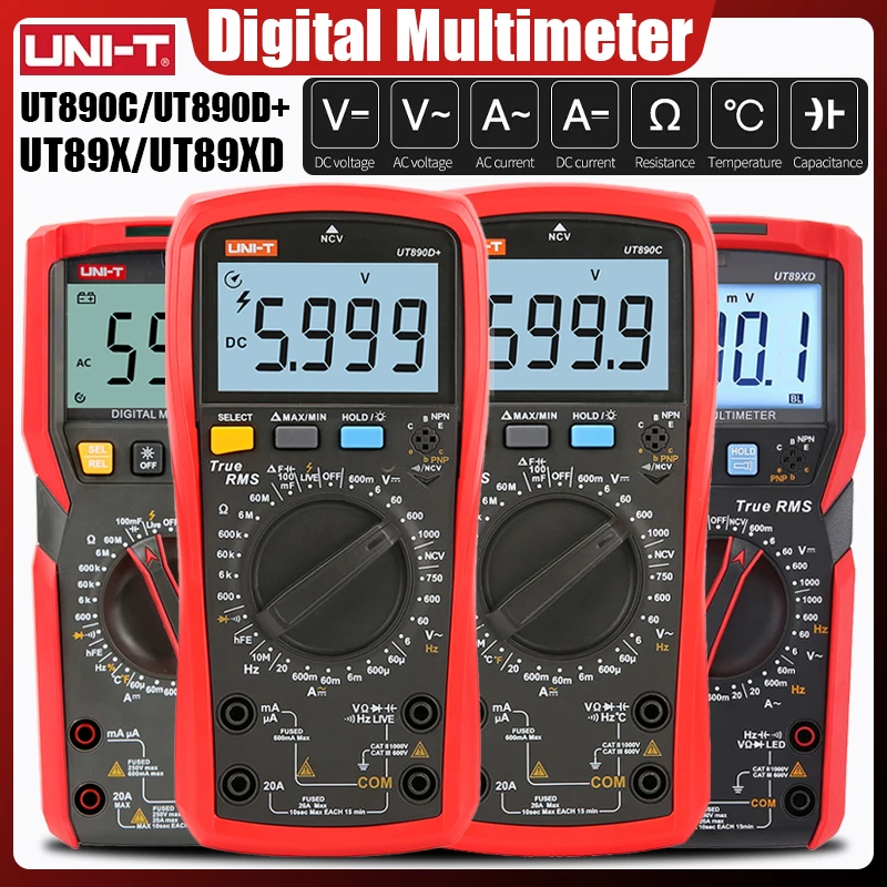 Multimetro digitale UNI T UT890C UT890D + 6000 conteggi Frequenza manuale Temperatura Tensione Amperometro AC DC DMM Condensatore Tester NCV