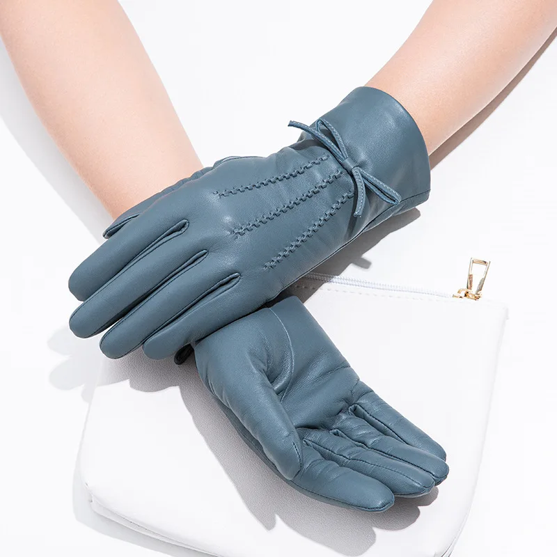 Natürliche Leder frauen Candy Farbe Schaffell Leder Handschuh Weiblichen Kurzen Kleinen Bogen Verdicken Warme Winter Fahren Handschuh R356