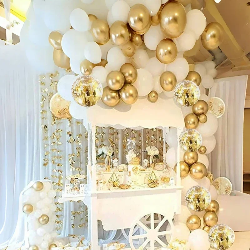 30 Stück 12 Zoll weiße und goldene Luftballons perlweiße Luftballons goldene Konfetti-Luftballons für Geburtstag, Hochzeiten, Jubiläumsfeier Image