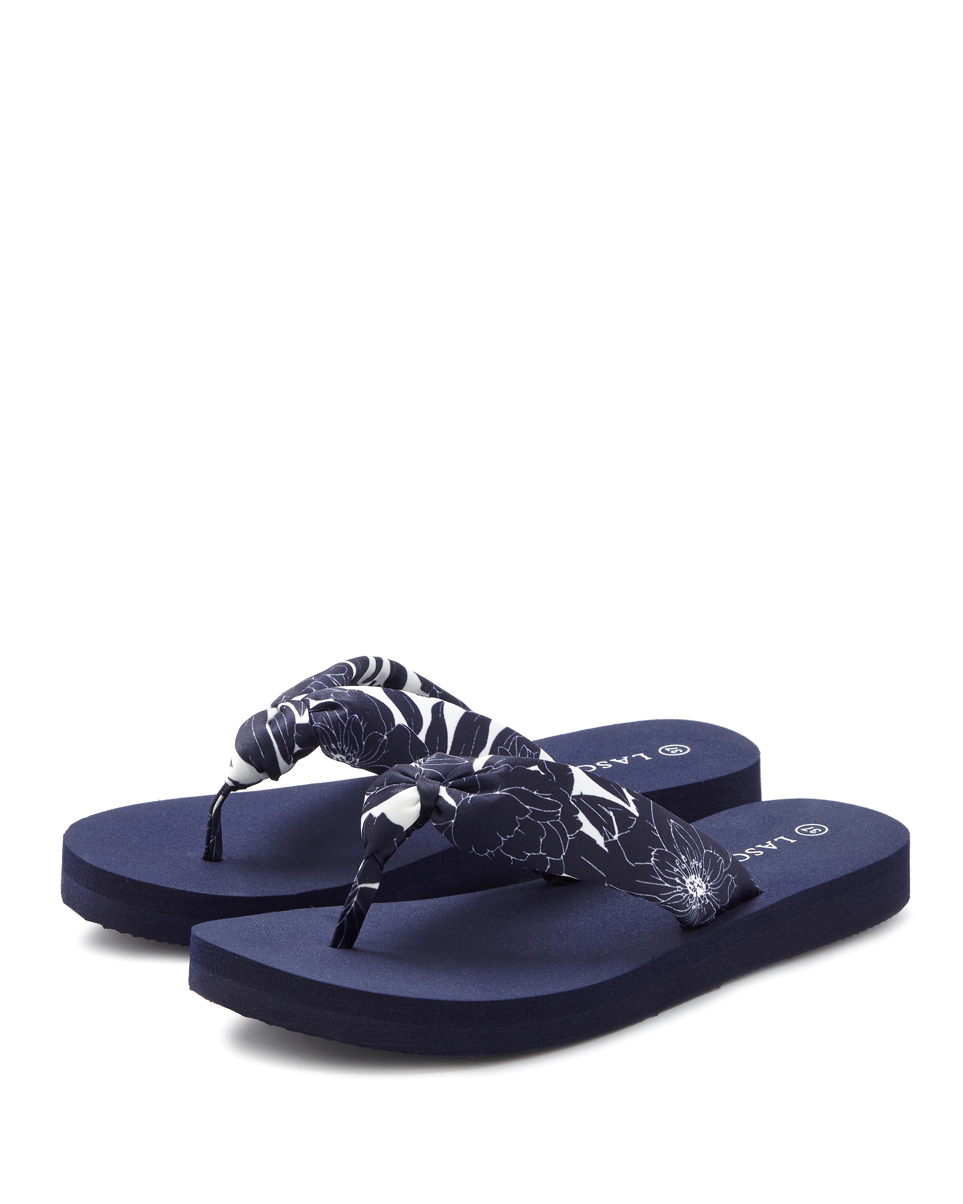 Badezehentrenner LASCANA "Sandale, Badeschuh, Pantolette, Badelatsche, Flip Flop", Damen, Gr. 42, dunkelblau, Obermaterial: 100% Textilmaterial. Decksohle: 100% Synthetik. Laufsohle: 100% Synthetik, geblümt, Schuhe, Zehentrenner, Badeschuh...