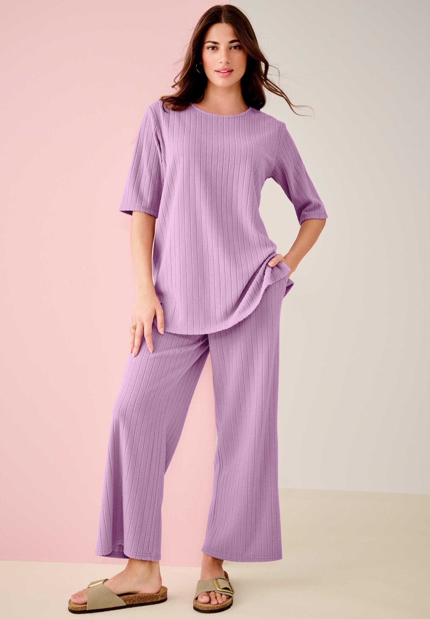 Plus Size Women's Brushed Rib Cropped Pant Set by Roaman's in Dusty Orchid (Size 14/16)