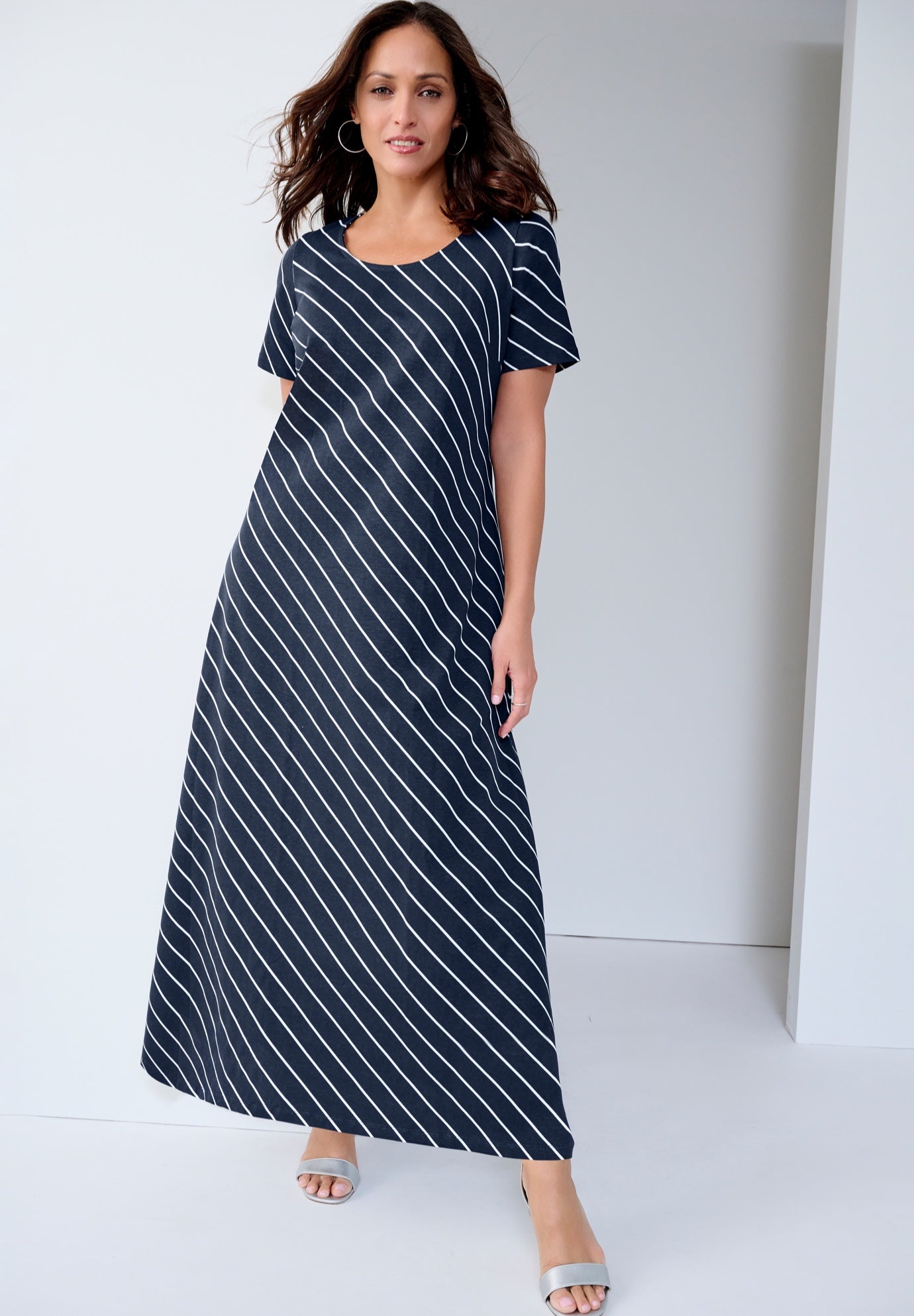 Plus Size Women's Stretch Cotton T-Shirt Maxi Dress by Jessica London in Navy Bias Stripe (Size 24)