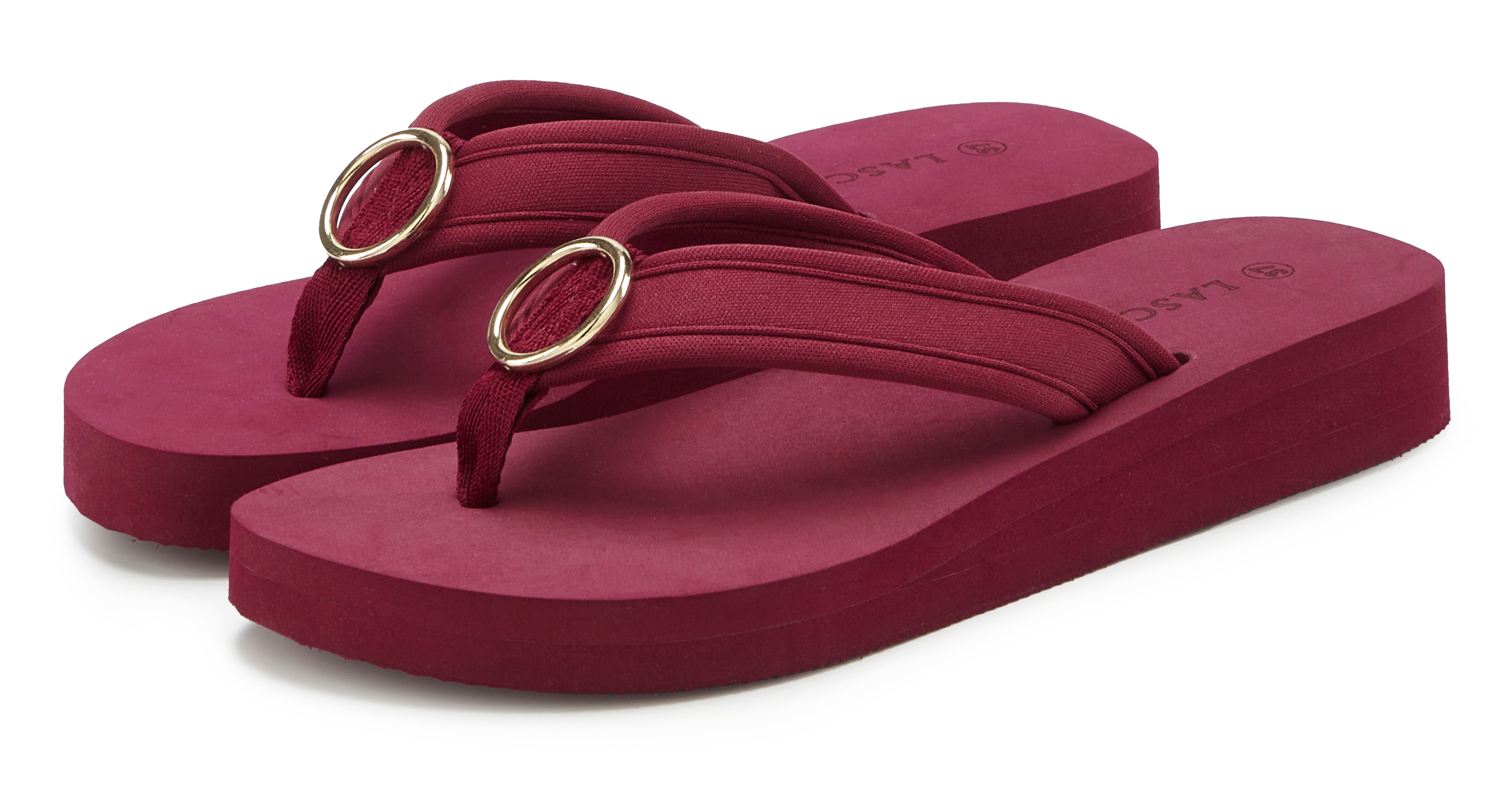 Badezehentrenner LASCANA "Sandale, Pantolette", Damen, Gr. 41, bordeaux, Obermaterial: 100% Textilmaterial. Decksohle: 100% Synthetik. Futter: 100% Textilmaterial. Laufsohle: 100% Synthetik, unifarben, Schuhe Zehentrenner Dianette, Zehentrenner,...