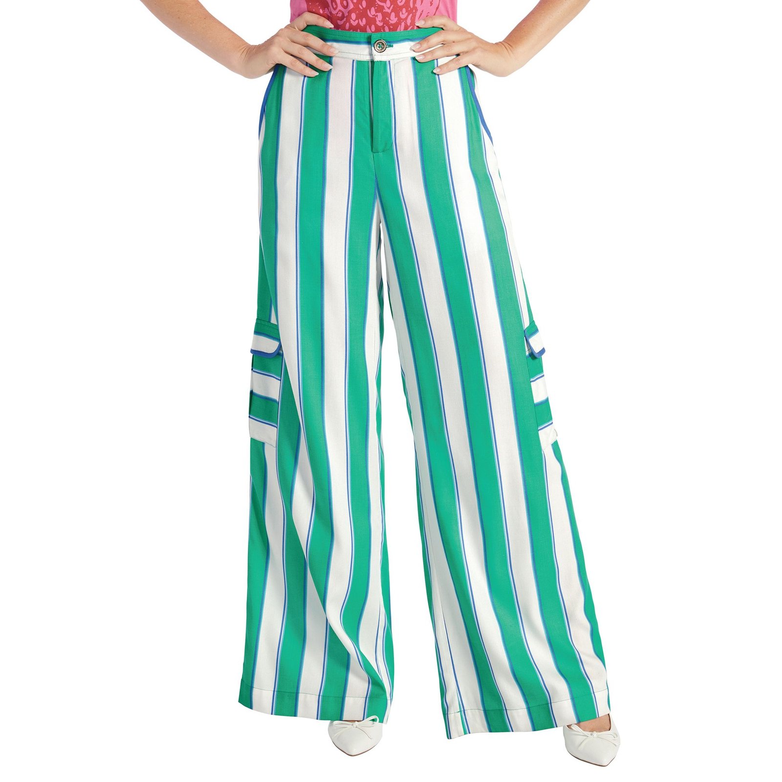 Masseys Cargo Wide-Leg Trouser (Size 20W) Green/White/Blue Stripe, Viscose