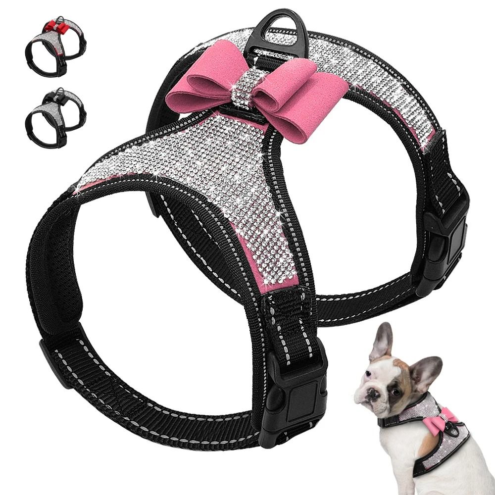 Reflective Rhinestone Dog Harness Vest With Bow Accent colorful Pink m