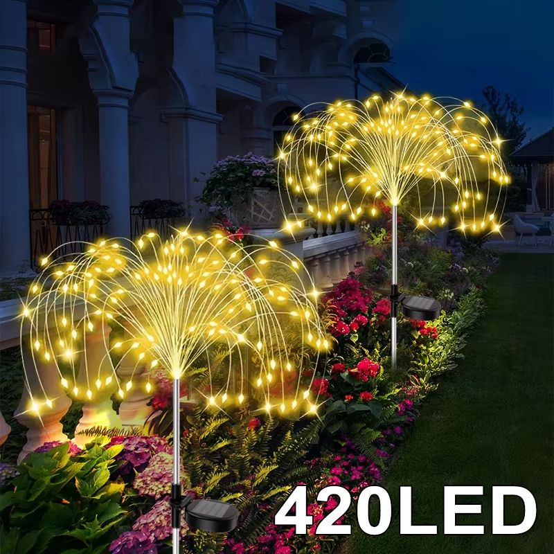 LED Solar Flower Firework Fairy Lights Waterproof Outdoor Garden And Pathway Decor warm White 420led
