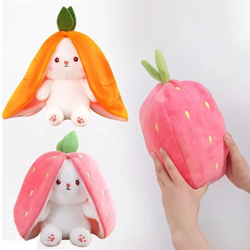 Transformable Bunny Plush Toy Cute Strawberry & Carrot Rabbit Stuffed Doll For Kids carrot Bunny 9.84 In