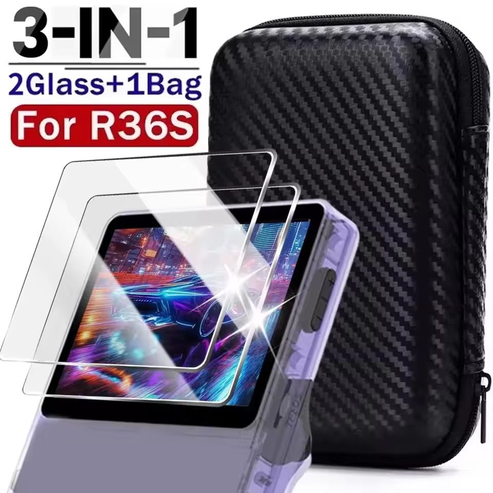 3 in 1 Carrying Storage Case With Tempered Glass Screen Protectors For R36S Game Console case Only Carbon